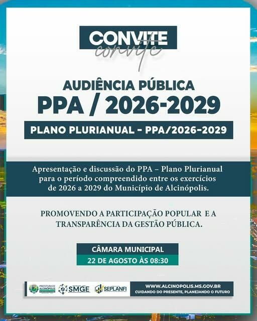 Imagem de compartilhamento para o artigo Alcinópolis realiza audiência pública do PPA 2026-2029 na próxima sexta-feira da MS Todo dia